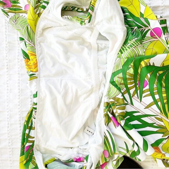 Trina Turk Green Fern Pattern Ruffle Shoulder One Piece Bathing Suit. - Picture 5 of 9